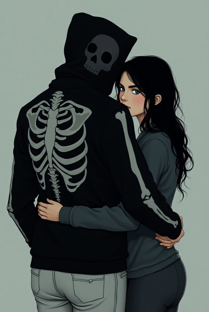 High definition real mode .  two people hugging each others backs. mans carabela hooded skeleton black jacket,  white pants,  black hair , Woman with blue eyes, gótica bellísima con trenza  black hair  y piernas largas