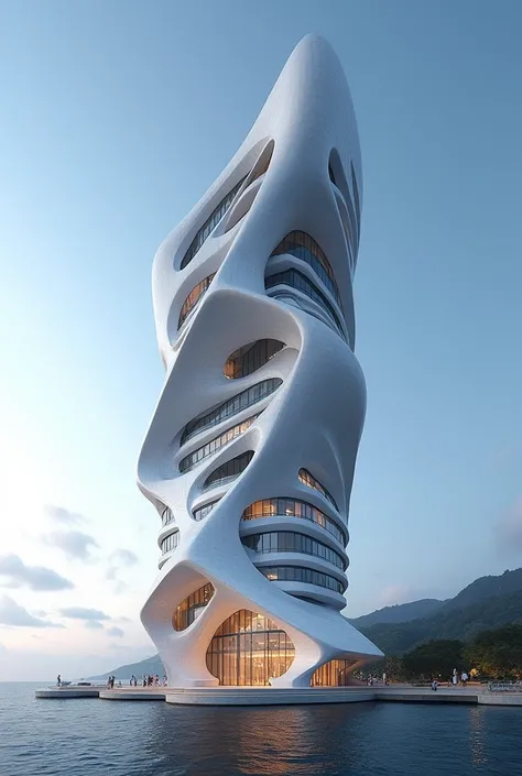 Designing a modern 17-story hotel by the sea.The design includes a unique entrance. in style of zaha hadid architect, inspired by Zha Shibiao, mantra rendering, full building,