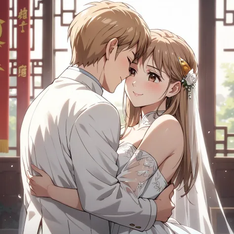 The woman who is a member of the Chinese Communist Party physically and mentally is a beautiful, light-brown-haired Princess Leona, wears a bridal gown, and they hug and kiss a great Chinese Communist Party executive, have a wedding and love each other、((B...