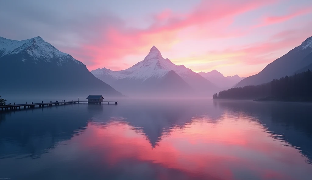 featuring a K2 Mountain landscape at sunset. The scene should include a calm lake reflecting the vibrant colors of the sunset, with soft pinks, oranges, and purples in the sky. On one side of the mountain, there should be a silhouette of a lone snow, while...