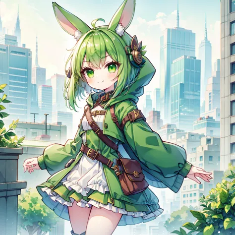 (long green rabbit ears), green animal ears, (1 girl), green hair, green eyes, bob cut, thin eyebrows, smiling, young, alone, lo...