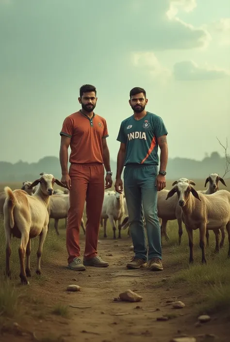 Ms dhoni and Virat Kohli and she goats in the field in poor Condition and clothes