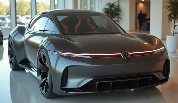 A sleek, modern, futuristic black coupe with a glossy finish, displayed in a luxurious, well-lit showroom. The car’s front design is inspired by classic sports car aesthetics, featuring a Volkswagen badge prominently on the hood. The headlights are thin, h...