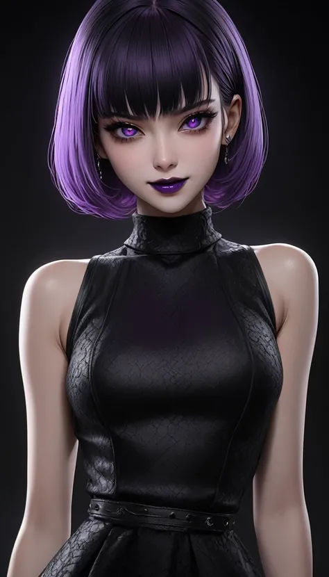 masterpiece,   high definition ,   is anatomically correct , 最 high quality,   high detail ,  high definition model ,   very detailed,   high quality,  Ultra High Definition,   textured skin , Realistic Skin, Purple Hair, bowlcut, Jet Black Eyes, Hanging e...