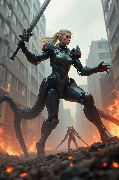  Reminds of :
 Fantasy photo :
  A Taiwanese woman ,  pointy hair blonde ponytail ,  wears Abyssal Kraken Crawler — Octopus-like armor with articulated limbs and sucker-like gripper.   Its dark metallic coating can change colors ,  and has tentacle arms fo...