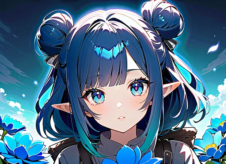 Anime elf girl with grey eyes, dark blue pupils, dark blue hair with turquoise hair bangs, pretty, vtuber alike, cat buns on the back of her hair, front view, blue flowers