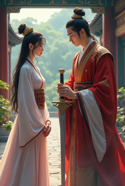 A Korean 18 years old girl dressed in Korean physician menswear (she is in ddisguise ), is on her knees in front of a Korean 19years Korean prince dressed in extravagant traditional Korean king wear, the prince is very handsome and muscular, he has a soft ...