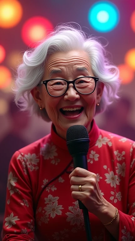  stick figure，Kind old lady，Some wrinkles on the face ，White hair，Wear reading glasses ，Holding a black microphone ， singing loudly at KTV wearing a cheongsam，Very happy ， colorful lights