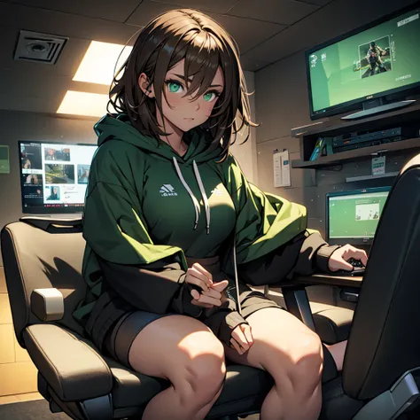 [female, tone] [brown hair, short messy, green eyes, large breast] [crop topped hoodie, long sleeves, black hoodie, black leggings] [night time] [detail eyes, detail face, detail hand] [alone, gaming room setting, sitting in a chair]