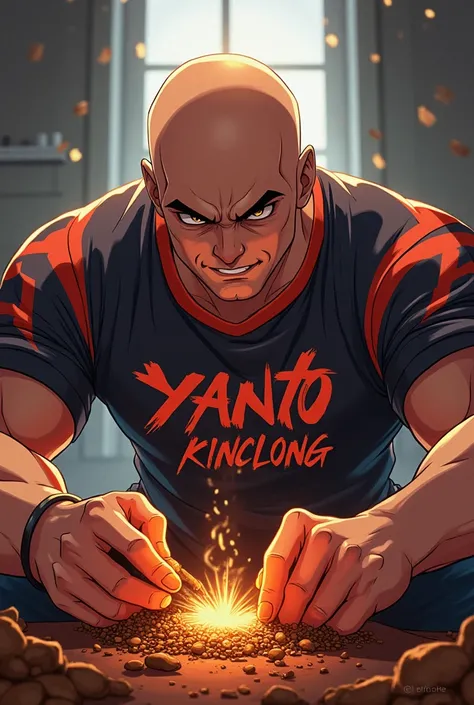 Anime, Male, Cool, Handsome, Gaming, bald, fierce, assembling tobacco, on his shirt say YANTO KINCLONG clearly