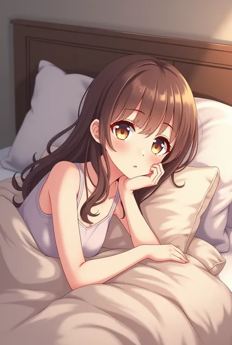 Anime woman with wavy hair, laying on a bed with her hand on her chin, wearing bedroom clothes, pilow is below her chin, has