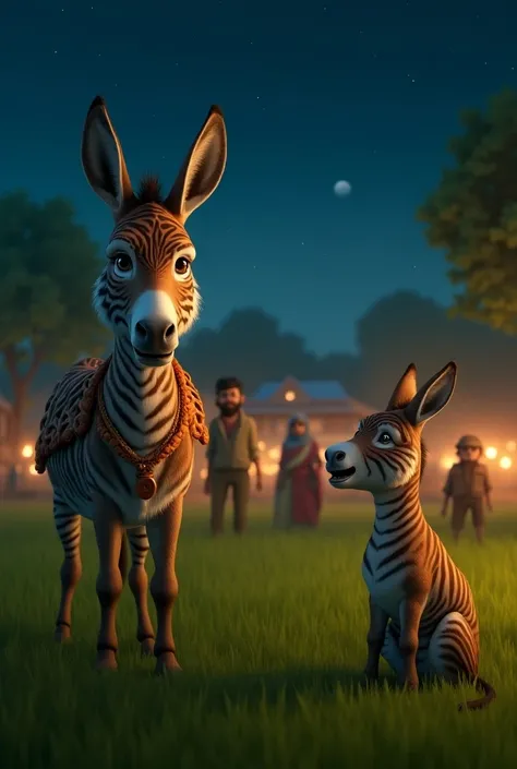 Use bright colors and creat a highly detailed Ultra realistic very clear and ultra hd 4k cinematic image. 
In a village in India, a donkey is standing in a farm field at night wearing a tigers skin and another femail  donkey is sitting a little distance aw...