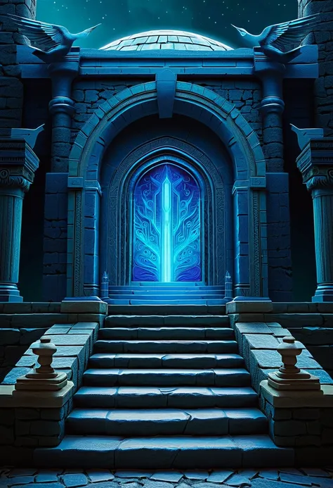  Layered Stone Steps Cranes Surreal Elements to Layered Invariate Gates Strange Fantasy Blue-Glowing Rich Color Levels Complex Details，masterpiece， Best Quality ，Futurism Sci-Fi Style Delicate Dynamic Realistic High Detail .,  Best Quality  ( Correct Perfe...