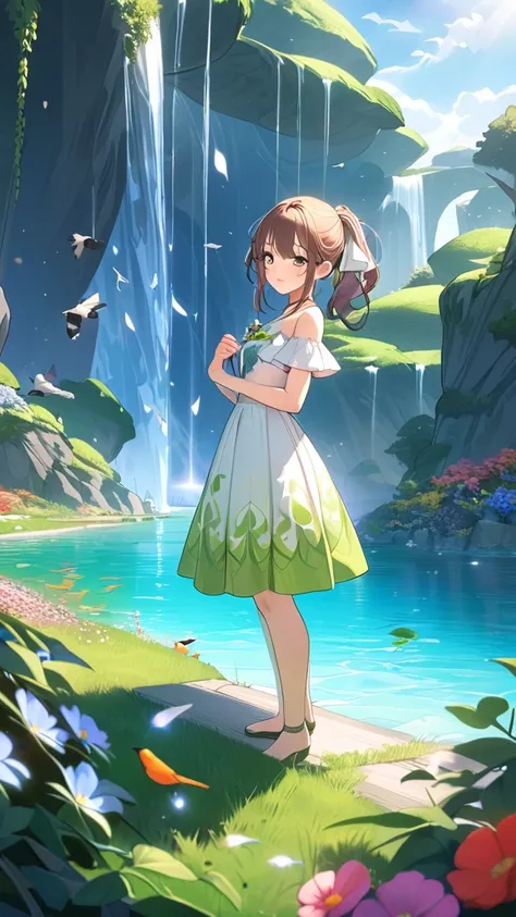 1 girl, ( cute face), Big Eyes,  Medium Hair ,  ponytail,  Fantasy Anime Outfits,  playfulness in nature,  skin like pottery ,  medium chest, 楽しい表情  
break, Floating Island Scenery , Sparkling water surface, ( bright light:1.3),  Colorful Flowers ,  Charmi...