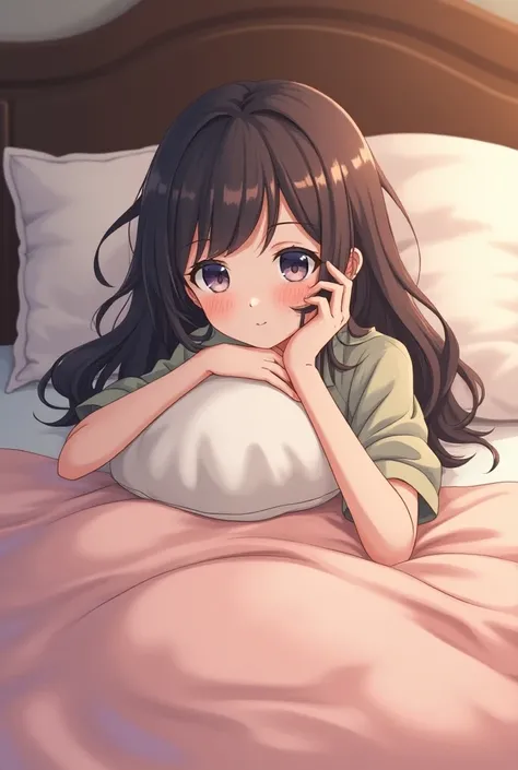 Anime woman with wavy hair, laying on a bed with her hand on her chin, wearing bedroom clothes, pilow is below her chin, has