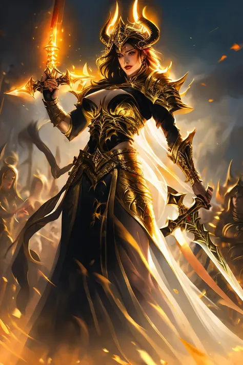 A warrior woman in full plate armor with a bare chest and upper torso, naked chest, nude breasts exposed, nipple piercings, plate mail is black and gold, black leather under plate, large two-handed sword, horns protruding from helm, glowing orange eyes, at...