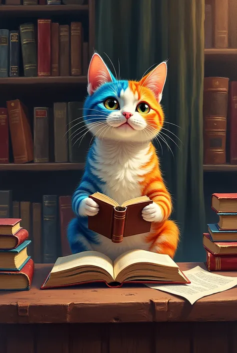 Painting of a colored cat sitting reading a book on a desk in the library
