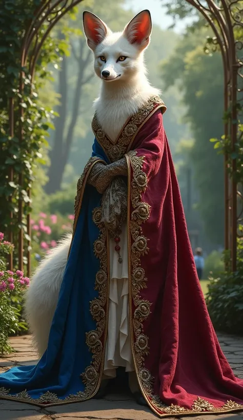 "An elegant French creature inspired by a swan and fox, draped in rich royal fabrics, with accents of gold and royal blue – Parisian garden background, ethereal and sophisticated, detailed textures, fantasy realism, Renaissance-inspired elegance"