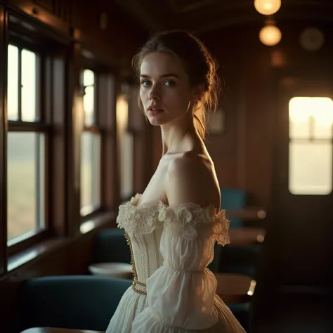 профессиональная фотография
Russian young lady clothes of the XIX century pale skin sitting in a retro train carriage a ray of light a gentle smile landscape, shoulders open.bust, neckline, open, accessible, visible.

на поясе узкий ремень, стоит боком, бю...