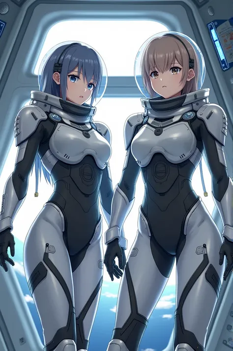 masterpiece:1.4, masterpiece, Highest quality, high resolution, newest, 2girls, friends, (group shot):5, (upper body):5, kyoto animation style, detailed, BREAK space station interior, zero gravity environment, floating, BREAK (white and black mechanical sp...