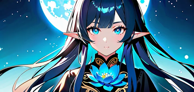 Anime elf girl with grey eyes, dark blue pupils, long dark blue hair with turquoise hair bangs, front view, blue flowers, moon background 