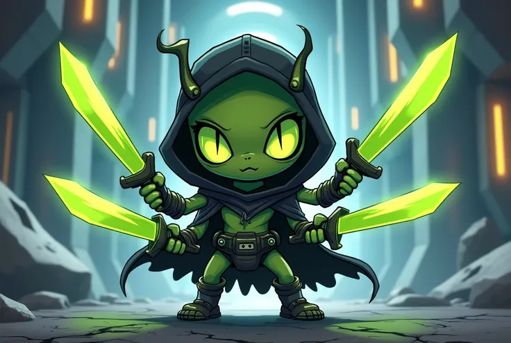  Create a chibi-style illustration /cartoon,   of an insectoid alien ,  From the multifaceted eyes , with four arms,  ending in three-fingered hands . In each of your hands,  he holds a dagger with a bright green edge .  He wears a cloak with a black and r...