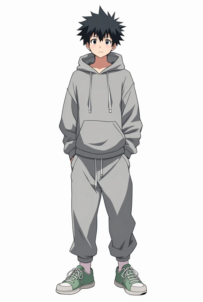 Give me anime character around 16-18 years old that standing with Hoodie Zipper combine with grey and jogger pants , with white background