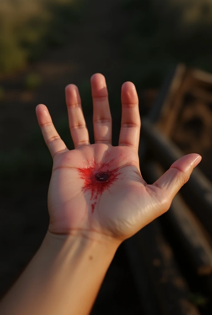 A hand with a slightly large cut in the palm of the hand with a little bit of blood with a background as if I were on a farm