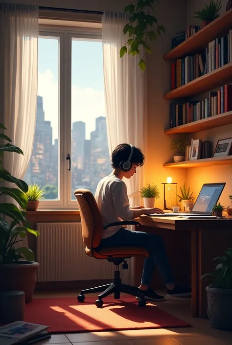 "Create an image featuring a character sitting at a desk with headphones on, in a cozy room with warm lighting. The room should have

elements such as books, decorations, and a window showing either a cityscape or nature.

The atmosphere should be calm and...