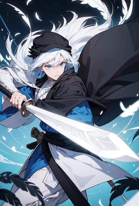  person completely barges with a black and white sword, wearing a blue hat with white feathers 