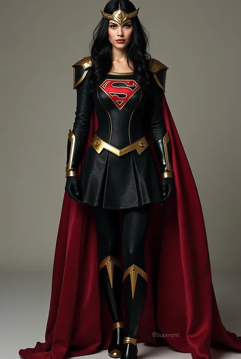 DC, Supergirl, aged 25, long black hair, white skin, velvet black, gold and red dress,  full sleeve velvet black, gold accents, gold sharp pauldrons, fitted velvet gold breastplate, black knife-pleated skirt, black velvet gloves, gold bracers, black velvet...