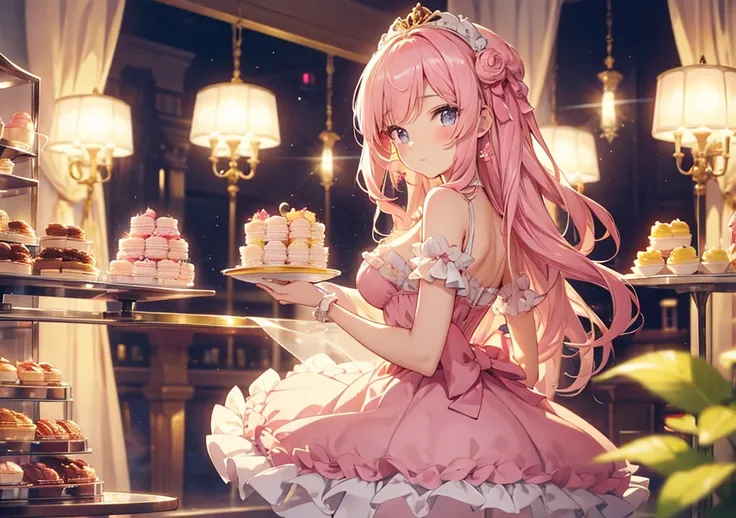 A beautiful girl with a fluffy touch, set against the backdrop of a Pierre Hermé patisserie. The Disney princess-esque girl wears a soft pink dress with gold frills and pearl and rose accessories. She holds a raspberry and pistachio-colored macaron, surrou...