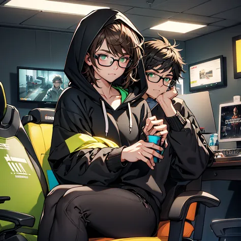 [female, tone, mature: 1.5] [brown hair, short messy hair, green eyes, large breast] [black framed glasses, crop topped hoodie, long sleeves, black hoodie, black leggings] [night time] [detail eyes, detail face, detail hand] [alone, gaming room setting, si...