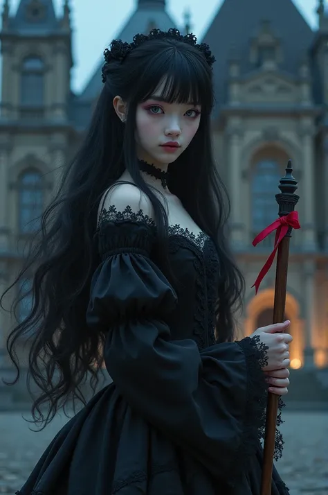 A girl with white skin with long black hair 
Her right eye is blue gray and her left eye is black she wears a black and white Victorian dress 
She holds a stick with a red ribbon in her hand at the top, standing in front of an old palace at night

