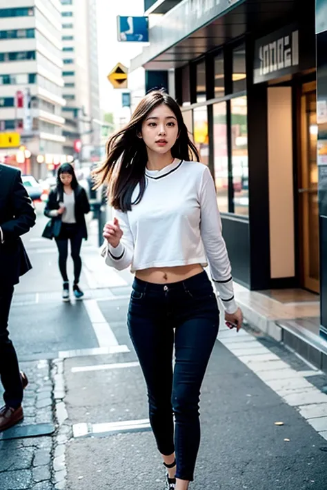 Capture a photograph of a Chinese female model with long, beautiful wavy hair, dressed in a simple yet elegant outfit, walking forward through a busy city street. The model should be sharply in focus and well-lit, appearing graceful as she moves towards th...