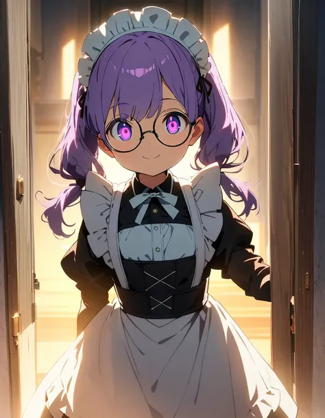 Long purple hair ,  Im wearing maid clothes, round glasses, Front Light ,Cute 2D, Front lighting 、( for a white sci-fi outfit 、masterpiece、 high definition、 Details)、animeスタイル、 Flat Style 、(Shining Eyes、 Details美しい顔),  1 girl、extremely  Details、(The Shinin...