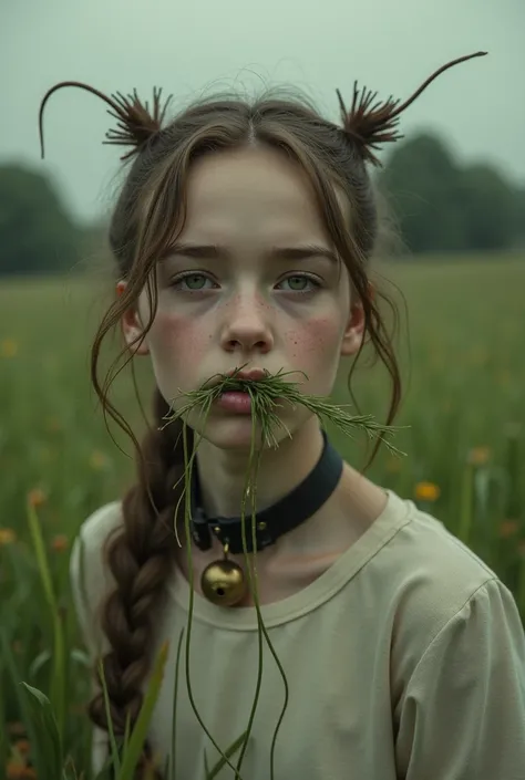   A realistic scene of a mature and beautiful four-year-old woman in a pasture eating grass.  Her mouth is filled with grass as if she were ruminating Her expression is vague and alienated  ,  her vague and distant eyes she has a collar with a little bell ...