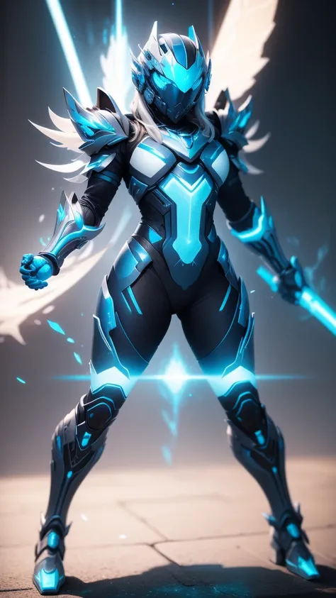 A futuristic warrior wearing sleek white biomechanical armor, with modular plates that perfectly fit her silhouette. Lines of neon blue light pulse through the seams of the armor, creating geometric patterns that flow from the helmet to the boots. The helm...