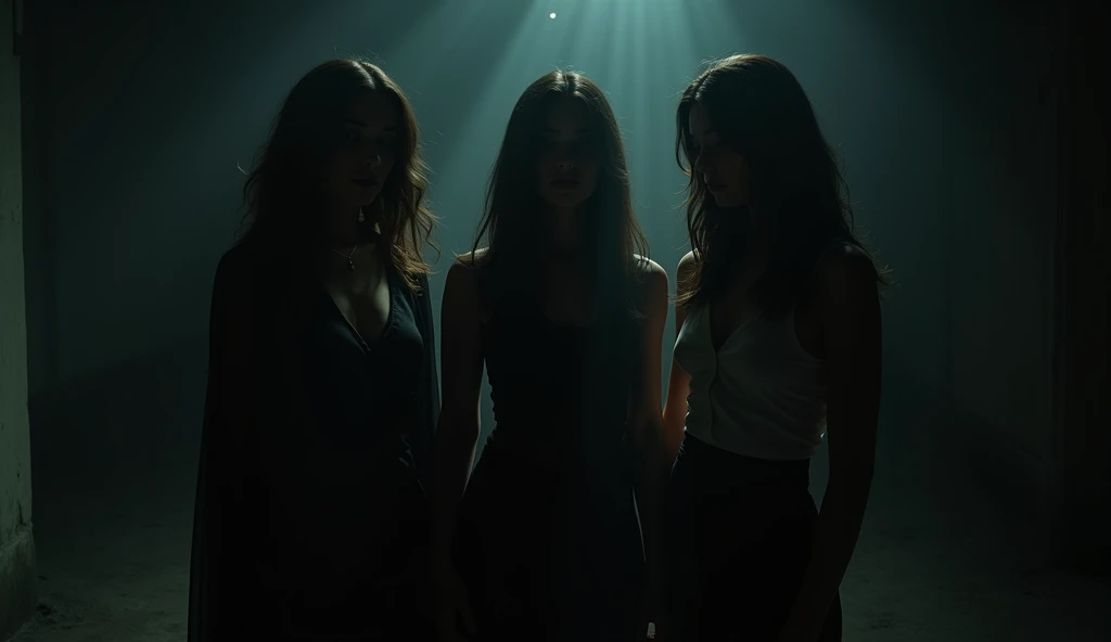 Create a realistic image of three woman standing in the dark. There faces are not clearly visible. Only a dim spotlight light is on them. They look like shadows. The theme of the image should be dark. Their dressing style is of 1970s era.