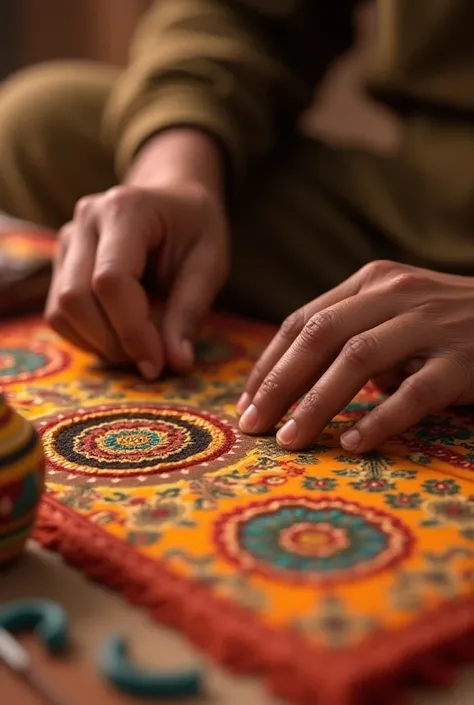 In cinematic 3-D cartoon style "Traditional Gujarati Handicrafts:
	•	Close-up of a craftsman at work, creating traditional Gujarati handicrafts like Bandhani (tie-dye) fabrics, wooden toys, or Patola silk weaving. The focus should be on the vibrant colors ...