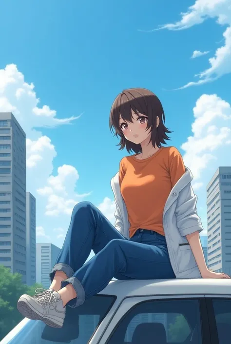  high angle wide angle photo Japanese beautiful girl in loose dress style,Orange T-shirt, white shirt ,Cylindrical jeans , Medium brown hair ,  sitting on the roof of a car ,  behind a high-rise condominium ,cloud,sky