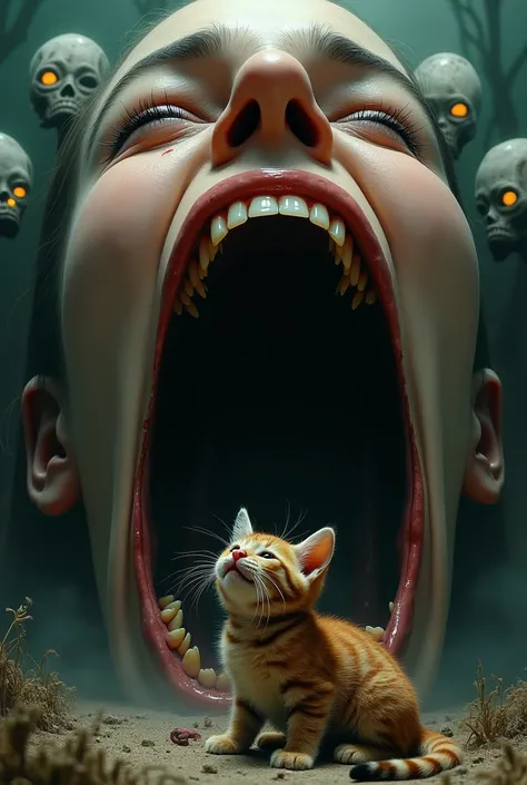  a huge open door in the mouth of a woman screaming in despair and shedding blood and tears、A huge door in a screaming mouth 、Ahead of the door is hell where the eyes of the aliens glow suspiciously 、((Realistic:1.2))、 the cutest brown tiger pattern kitten...