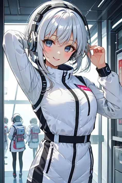 masterpiece, Best Quality, very detailed, 8K Portrait, Japanese Android Girl, plump, floating in zero gravity, dynamic floating pose with hands elegantly crossed behind back, masterpiece:1.2, (best quality), (highly detailed:1.3), (portrait shot):5, (4girl...