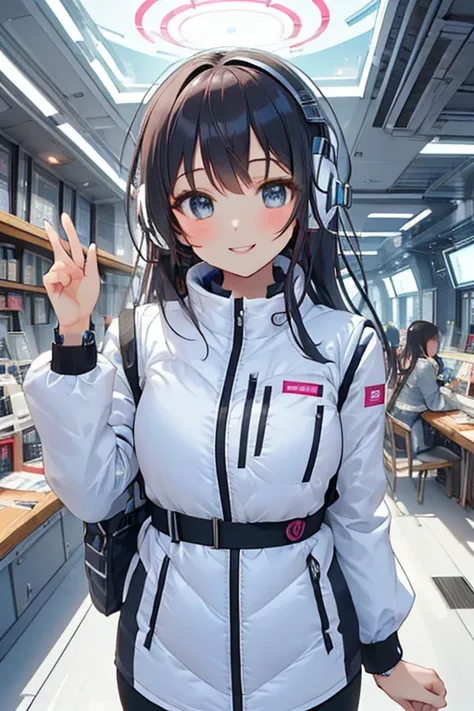 masterpiece, Best Quality, very detailed, 8K Portrait, Japanese Android Girl, plump, floating in zero gravity, dynamic floating pose with hands elegantly crossed behind back, masterpiece:1.2, (best quality), (highly detailed:1.3), (portrait shot):5, (4girl...