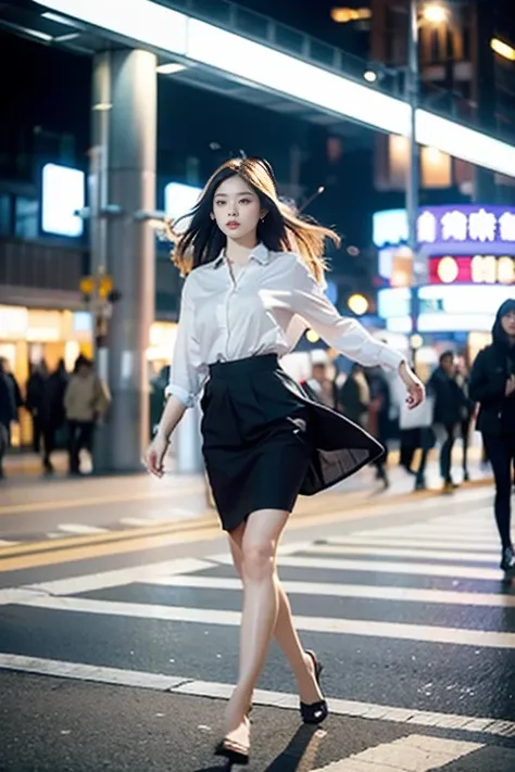 Capture a photograph of a Chinese female model with long, beautiful wavy hair, dressed in a simple yet elegant outfit, walking forward through a busy city street. The model should be sharply in focus and well-lit, appearing graceful as she moves towards th...