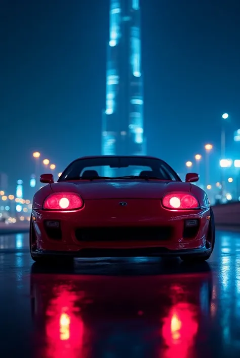  Make the pic of toyota  old supra mk4  red color in  front look  with red eyes 

dubai near burj khalifa on night in blue neon light 
