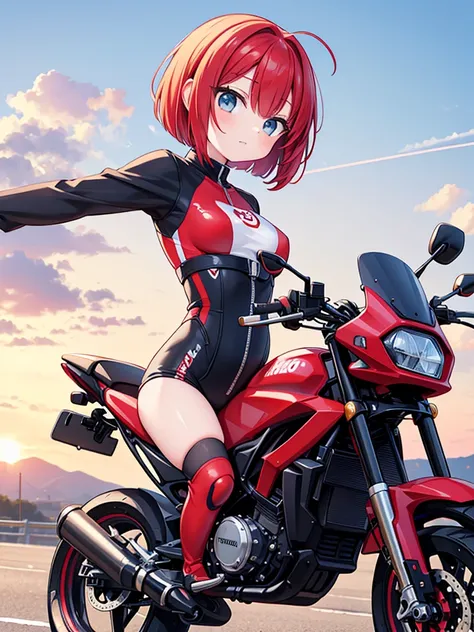  red haired medium bob playing with animals、Small breasts、 Very Beautiful Japanese High School Girl ,  riding a motorcycle at high speed on a rough road and driving acrobatic, ( acrobatic running high jump :1.5), solo crime , (She&#39;s all alone、 being ch...