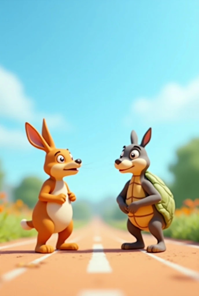 In 3d animiton style,Here are five image prompts based on the story of the tortoise and the hare:

1. Image of the Hare and Tortoise at the Starting Line: A cheerful hare standing confidently, looking fast, and a determined tortoise looking calm and steady...