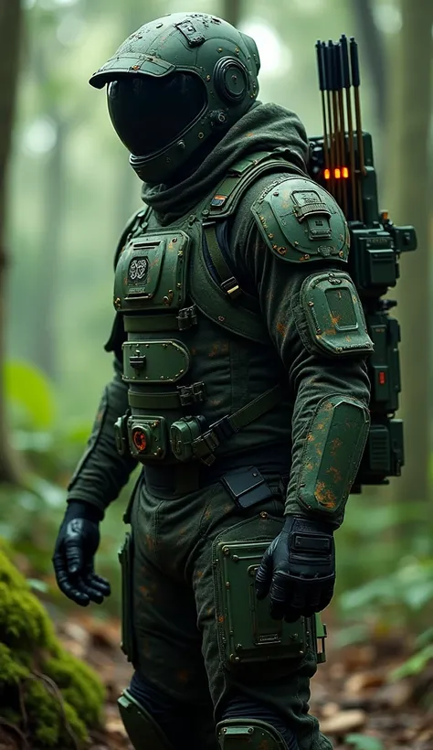 Amapá (Forest Sentinel )**:
   - **It lasts**:  A combat suit in dark green tones with digital camouflage elements .  The suit has a heating and cooling system .
   - ** Accessories **:  A bow with technology arrows that can be tracked and a drone that hel...