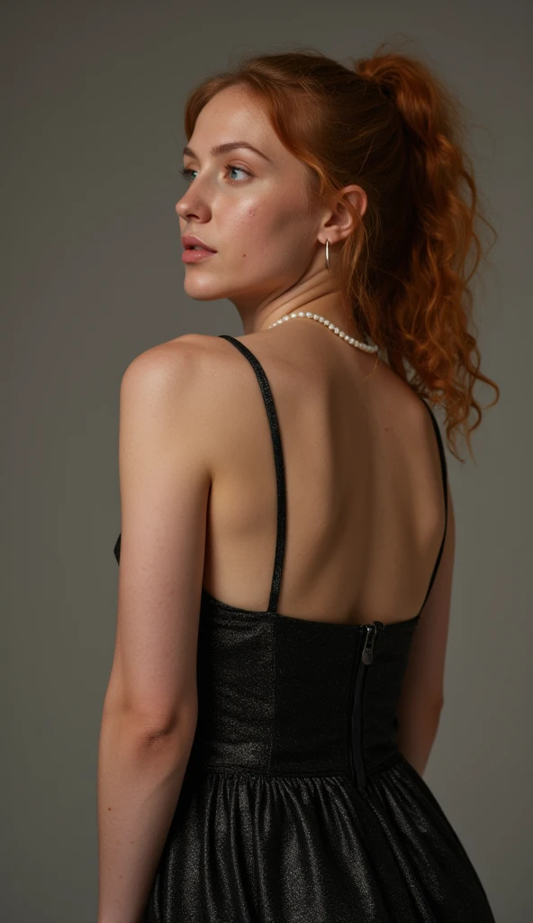 Skin blemishes, realistic skin pores, weathered skin, skin imperfections, full-length shot of an 21-year-old Irishwoman, in black metallic dress, turning sideways, ginger matted curly hair tied back, wearing pearl necklace, nose stud jewelry, wearing hoop ...